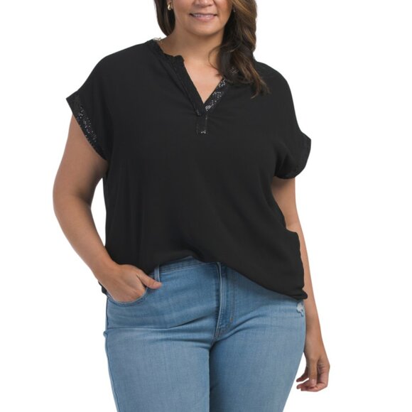 STELLA & GINGER Black Plus Sequin Trim Blouse - Picture 1 of 2